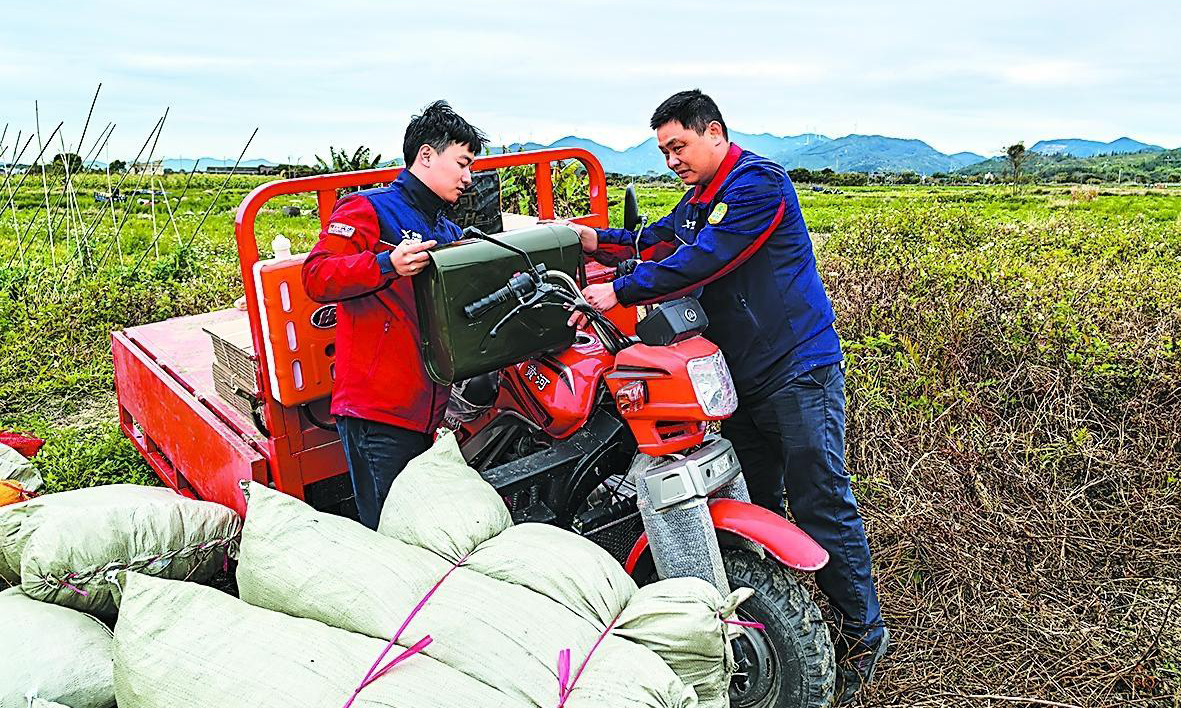 廣東石油組建志愿隊開展送油到田頭活動，并提供種子、化肥等農用物資代購、送貨上門等服務。圖為廣東惠州石油鐵沖加能站員工將農機用油送到馬鈴薯種植基地。