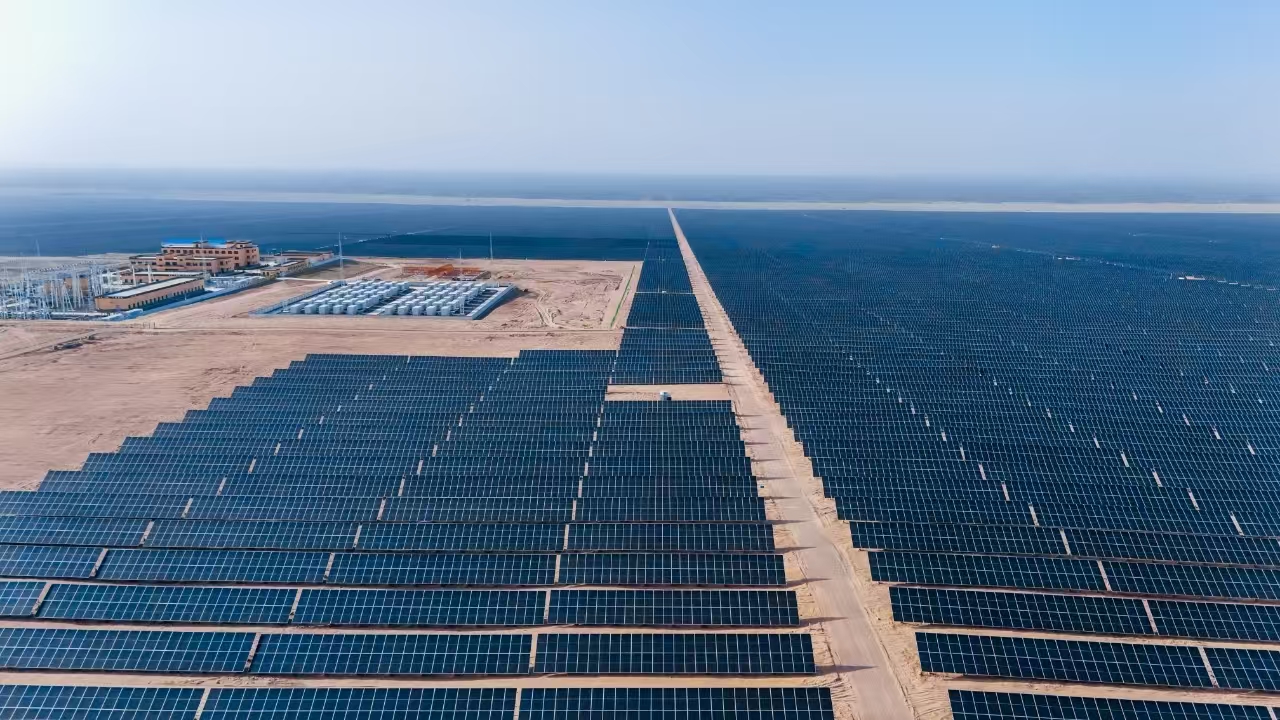 大漠春醒，萬物復蘇。在中廣核和田洛浦50萬千瓦光伏治沙項目的沙海中，一幅 