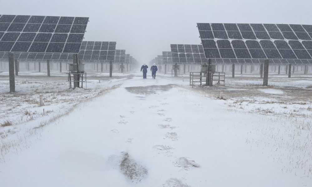 中國節(jié)能所屬太陽能新疆區(qū)白城領(lǐng)跑者電站運維人員冒雪巡檢線路。