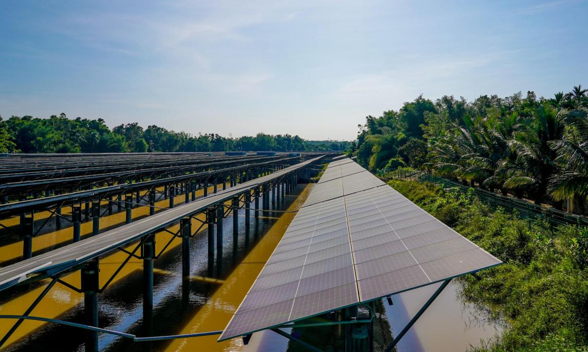 該項目所在區(qū)域的低洼部分改造變成水塘，光伏板在上部發(fā)電的同時可以降低水體溫度，提升魚塘養(yǎng)殖經(jīng)濟(jì)效益。