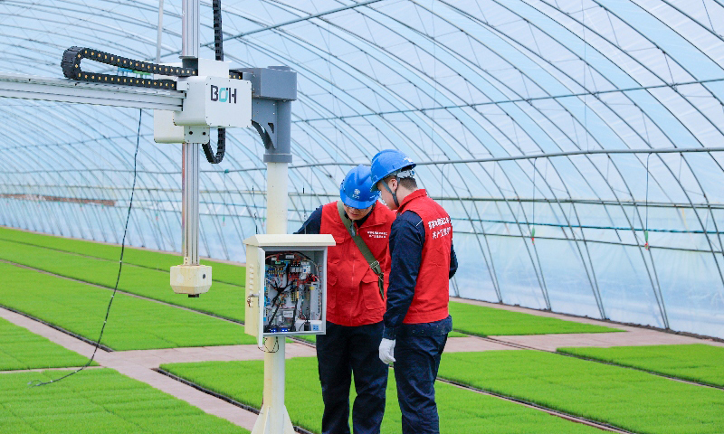 國家電網(wǎng)黑龍江雙鴨山供電公司工作人員為智能育秧中心檢修秧苗噴淋設備。