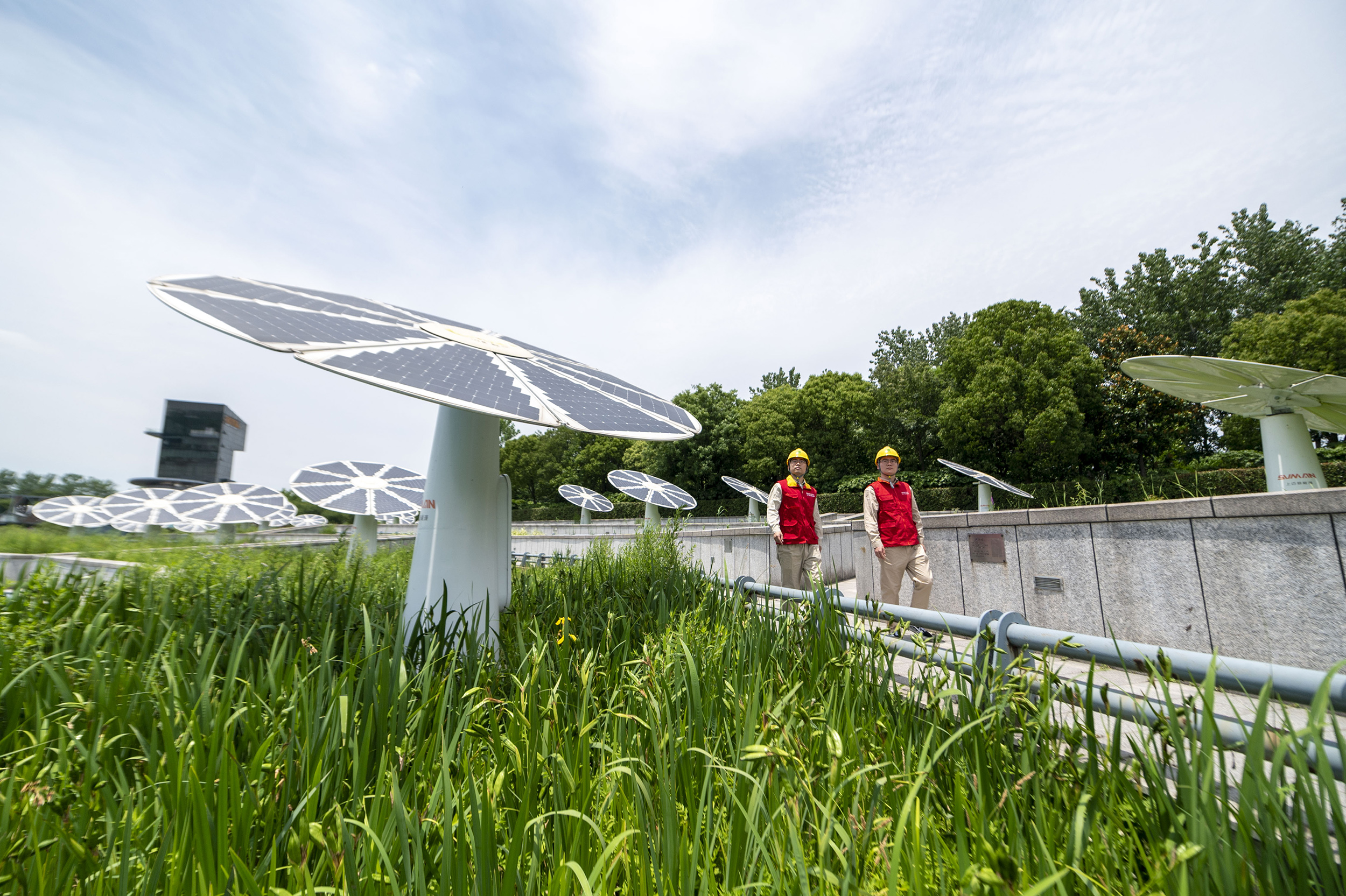 國網江蘇鎮江供電公司員工巡查揚中零碳公園內光伏發電設備。.jpg